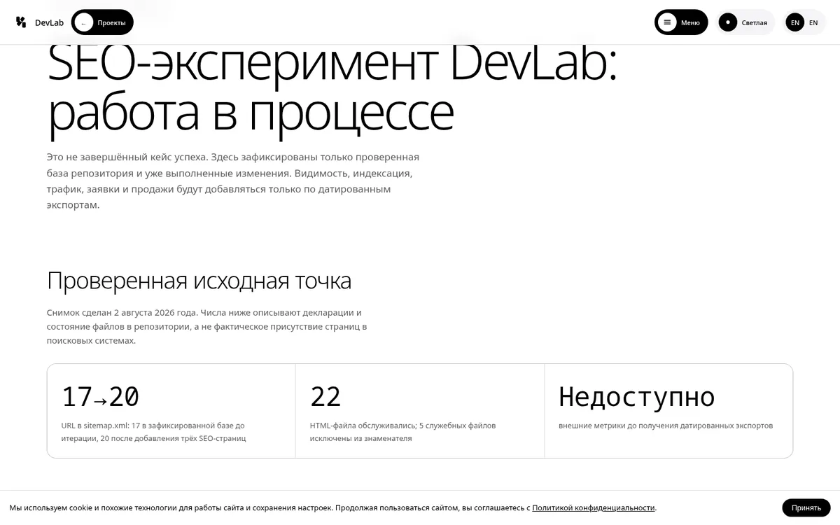 SEO-эксперимент DevLab: число URL в карте сайта выросло с 17 до 20